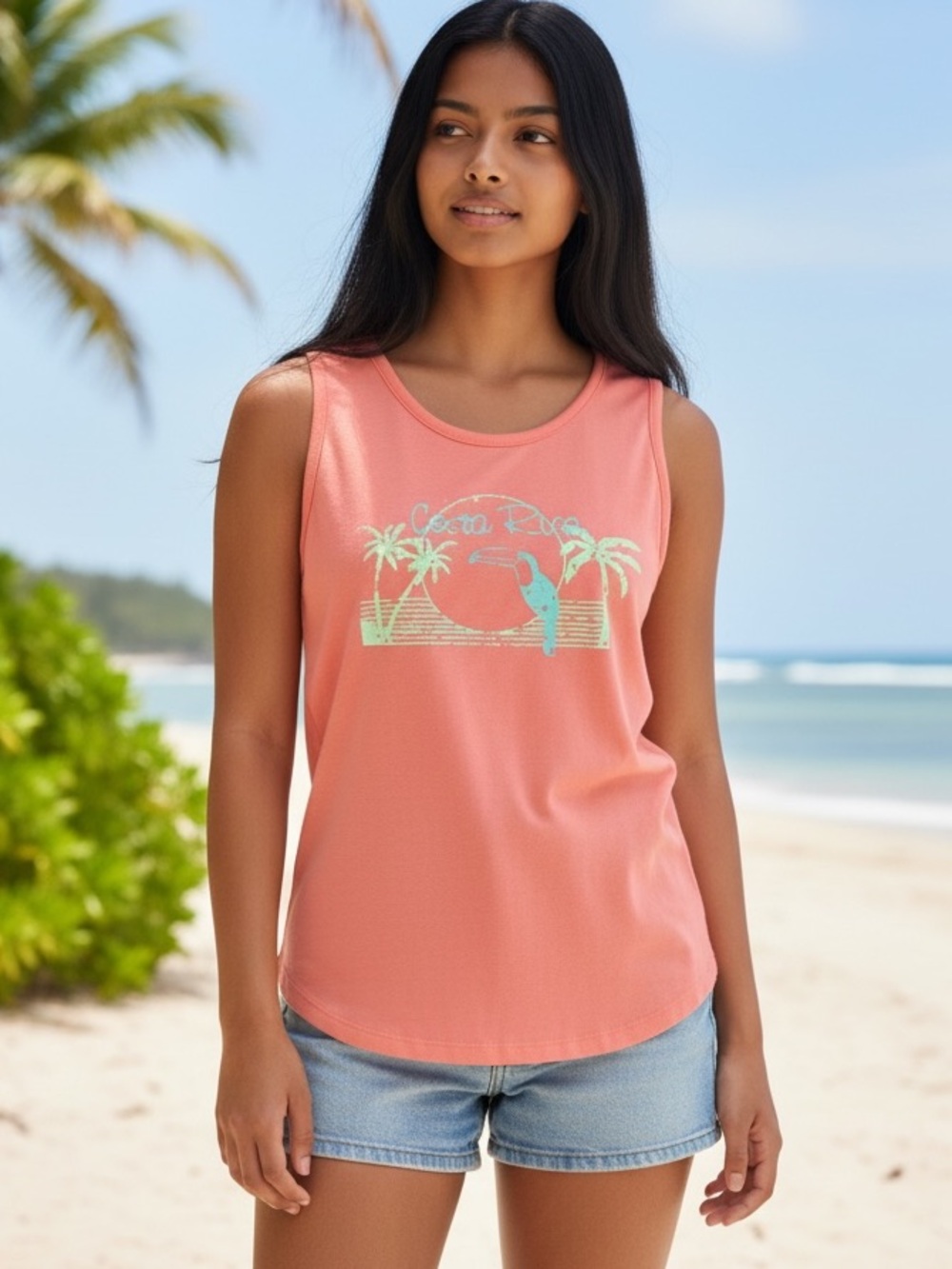 Cute beachy tank top in coral and turquoise. Sz. S